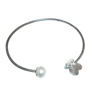 TOUS Sterling Silver 925 Bear and Pearl Open Cuff Bangle Bracelet Silver White